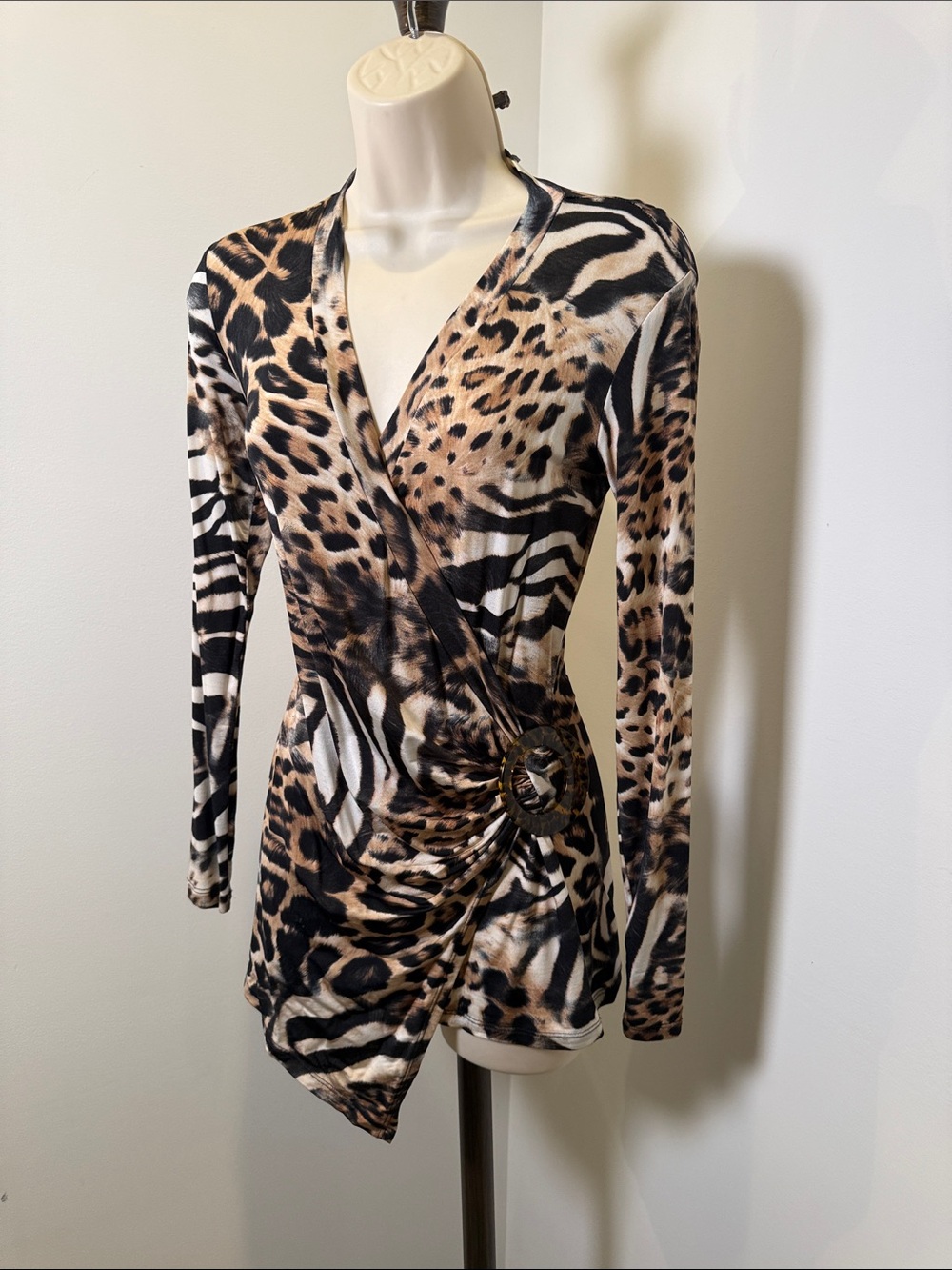 Cache Leopard Animal Print Wrap Top with Tortoiseshell-Buckle